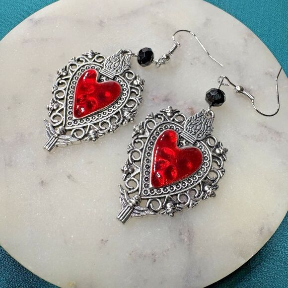 Victorian/Gothic Milagro Corazón Dangle Earrings – Crimson Sacred Heart/Flame - Picture 1 of 5